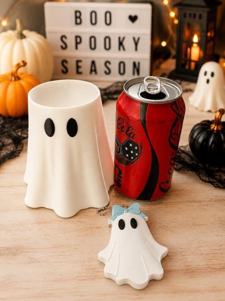 12 oz Standard Ghost Can Cooler Holder with Matching Ghost Can Opener | Halloween Soda Can Sleeve | Cute Spooky Drink Holder