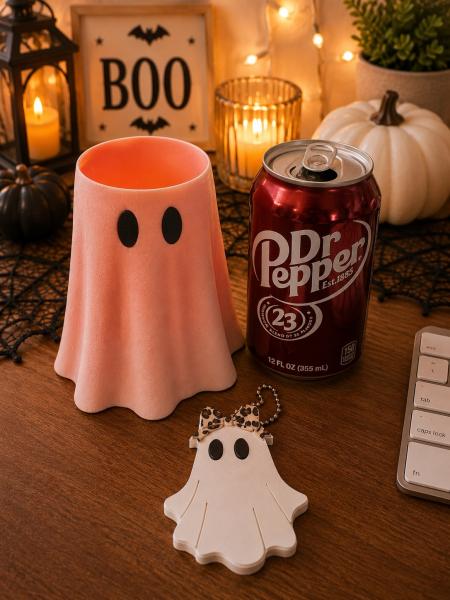 Pink Ghost Standard Can Cooler with Matching Ghost Nail Saver | 12 oz Slim Can Holder