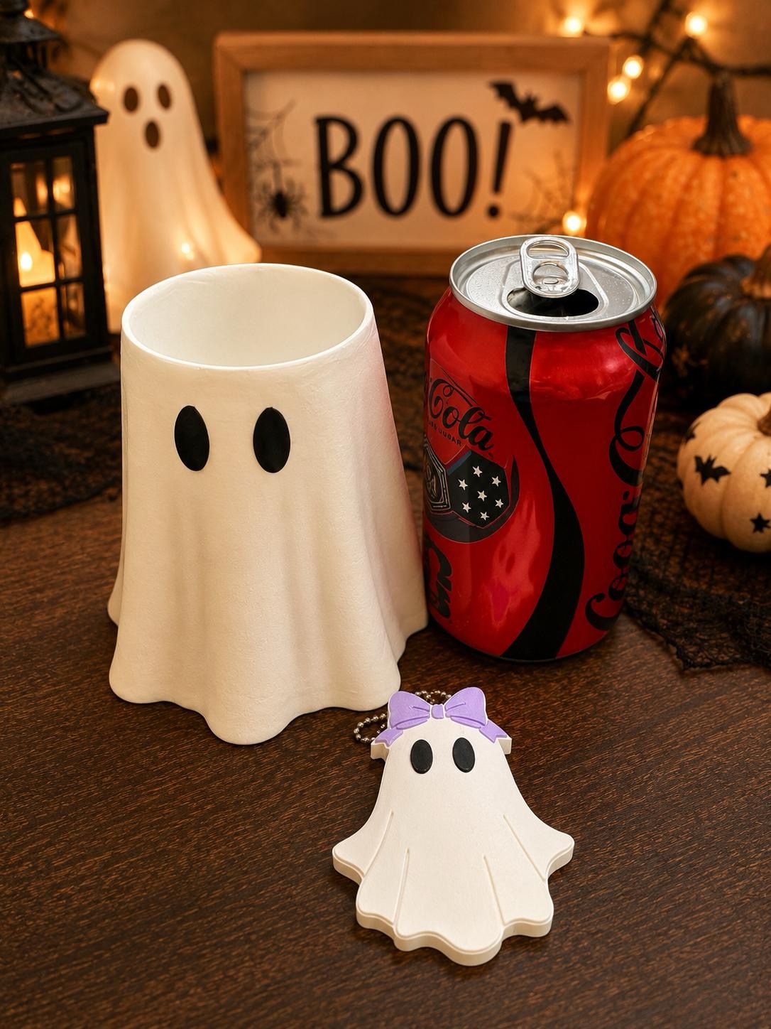 12 oz Standard Ghost Can Cooler Holder with Matching Ghost Can Opener | Halloween Soda Can Sleeve | Cute Spooky Drink Holder picture