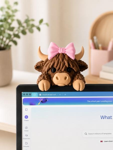Highland Cow with Pink Bow Monitor Buddy | Cute 3D Printed Computer Screen Decor | Office & Teacher Desk Accessory