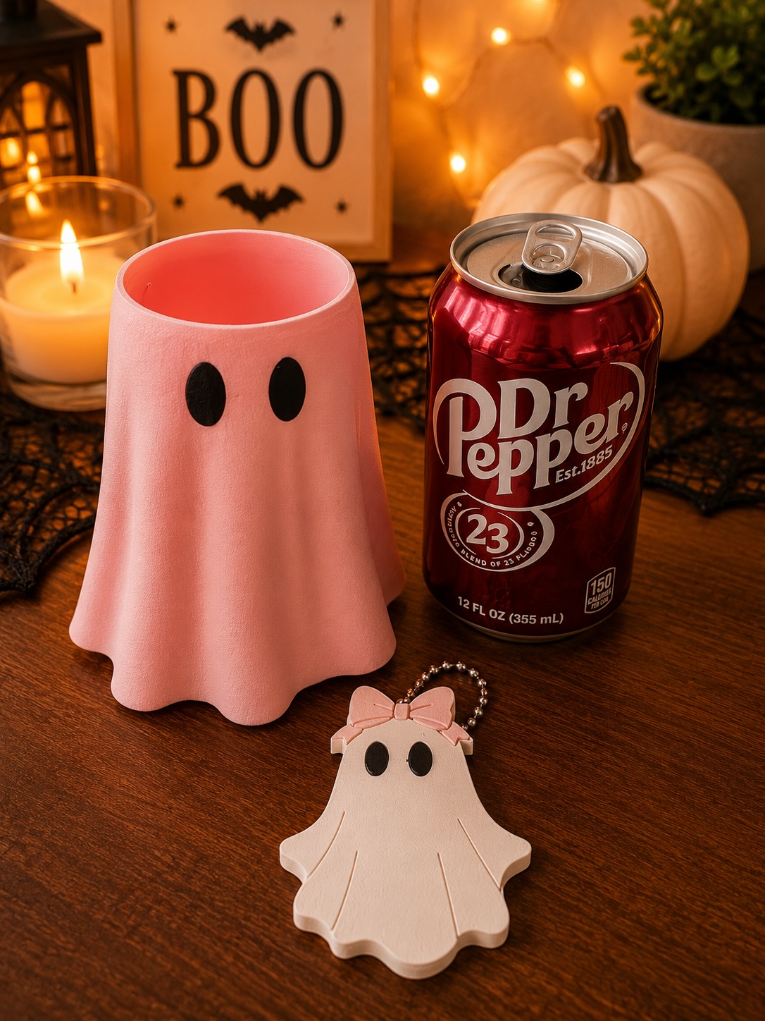 Pink Ghost Standard Can Cooler with Matching Ghost Nail Saver | 12 oz Slim Can Holder picture