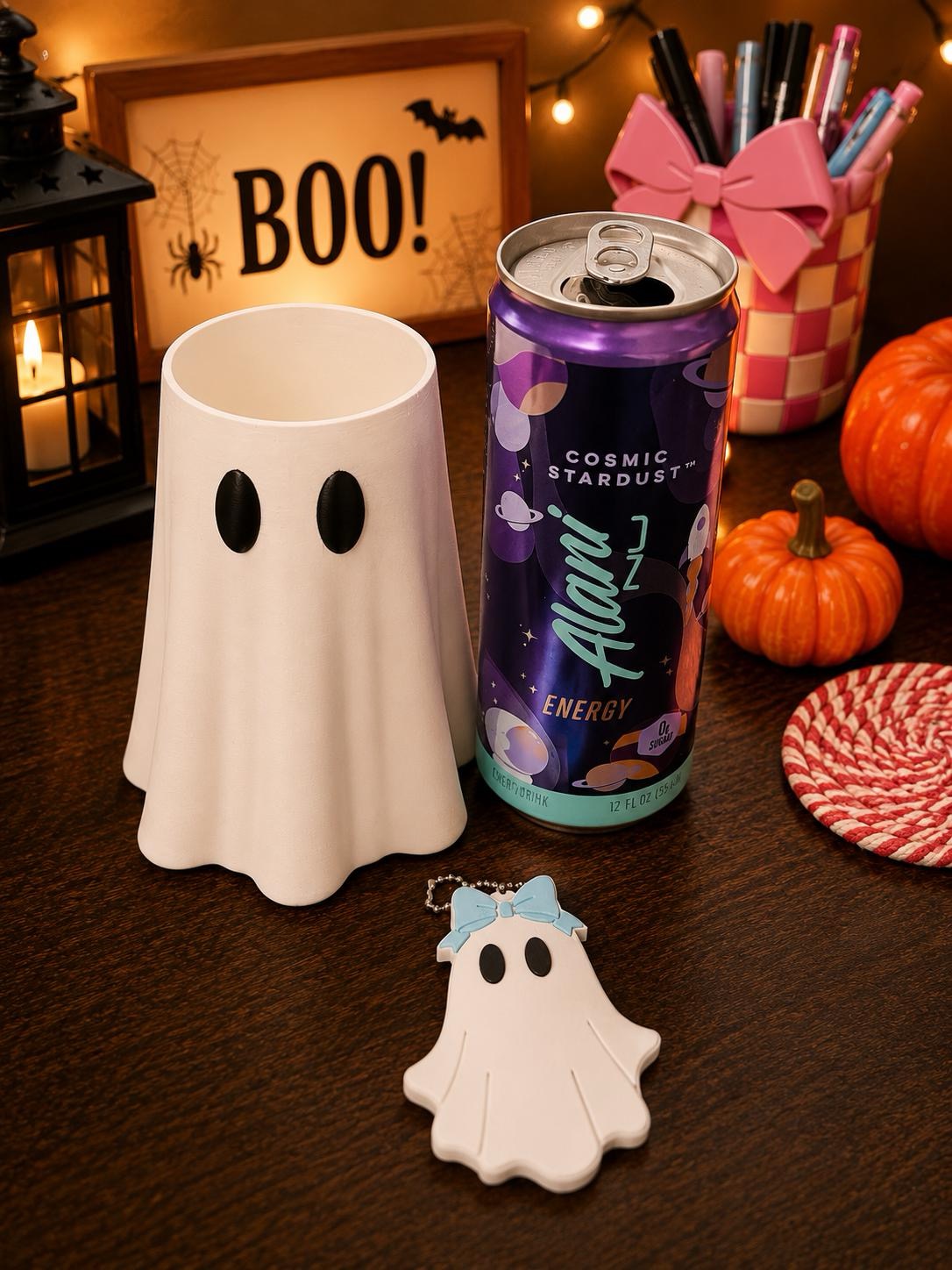 Ghost Skinny Can Cooler with Matching Ghost Nail Saver | 12 oz Slim Can Holder picture