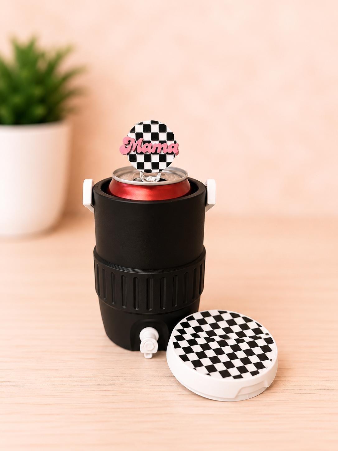 Black and White Checked Can Cooler with Can Opener (Nail Saver) picture
