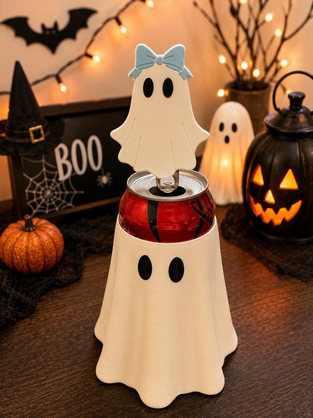 12 oz Standard Ghost Can Cooler Holder with Matching Ghost Can Opener | Halloween Soda Can Sleeve | Cute Spooky Drink Holder picture