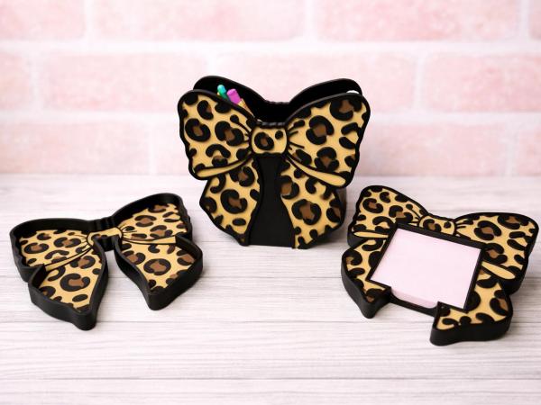 Leopard Bow Cute Desk Organizer Set | Pen Holder, Sticky Note Holder & Tray