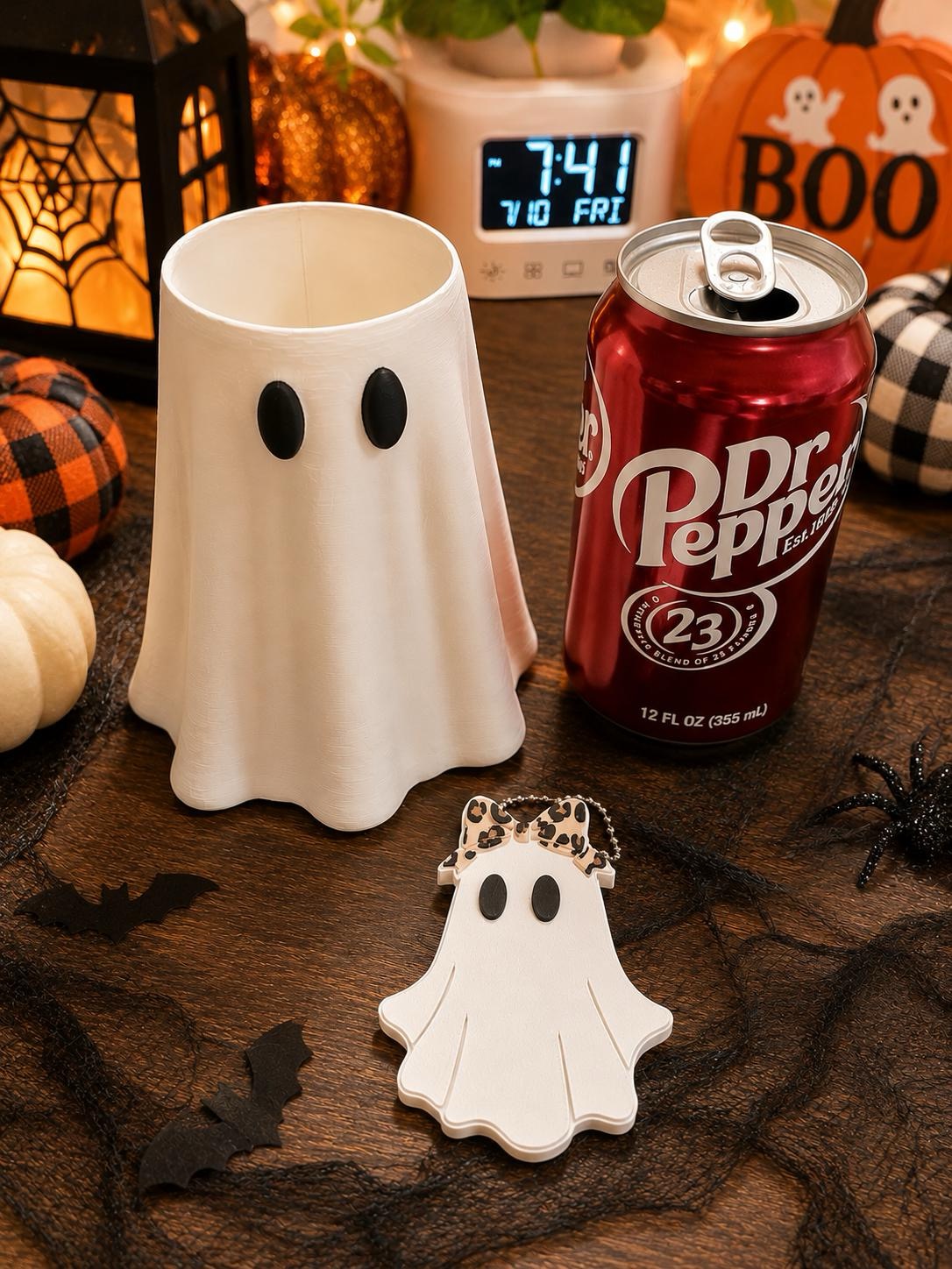 12 oz Standard Ghost Can Cooler Holder with Matching Ghost Can Opener | Halloween Soda Can Sleeve | Cute Spooky Drink Holder picture