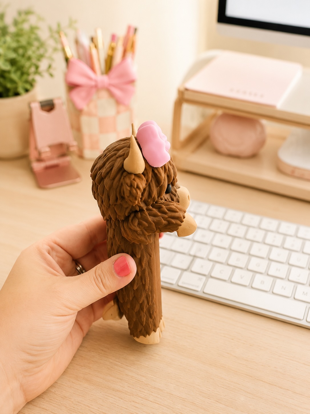 Highland Cow with Pink Bow Monitor Buddy | Cute 3D Printed Computer Screen Decor | Office & Teacher Desk Accessory picture