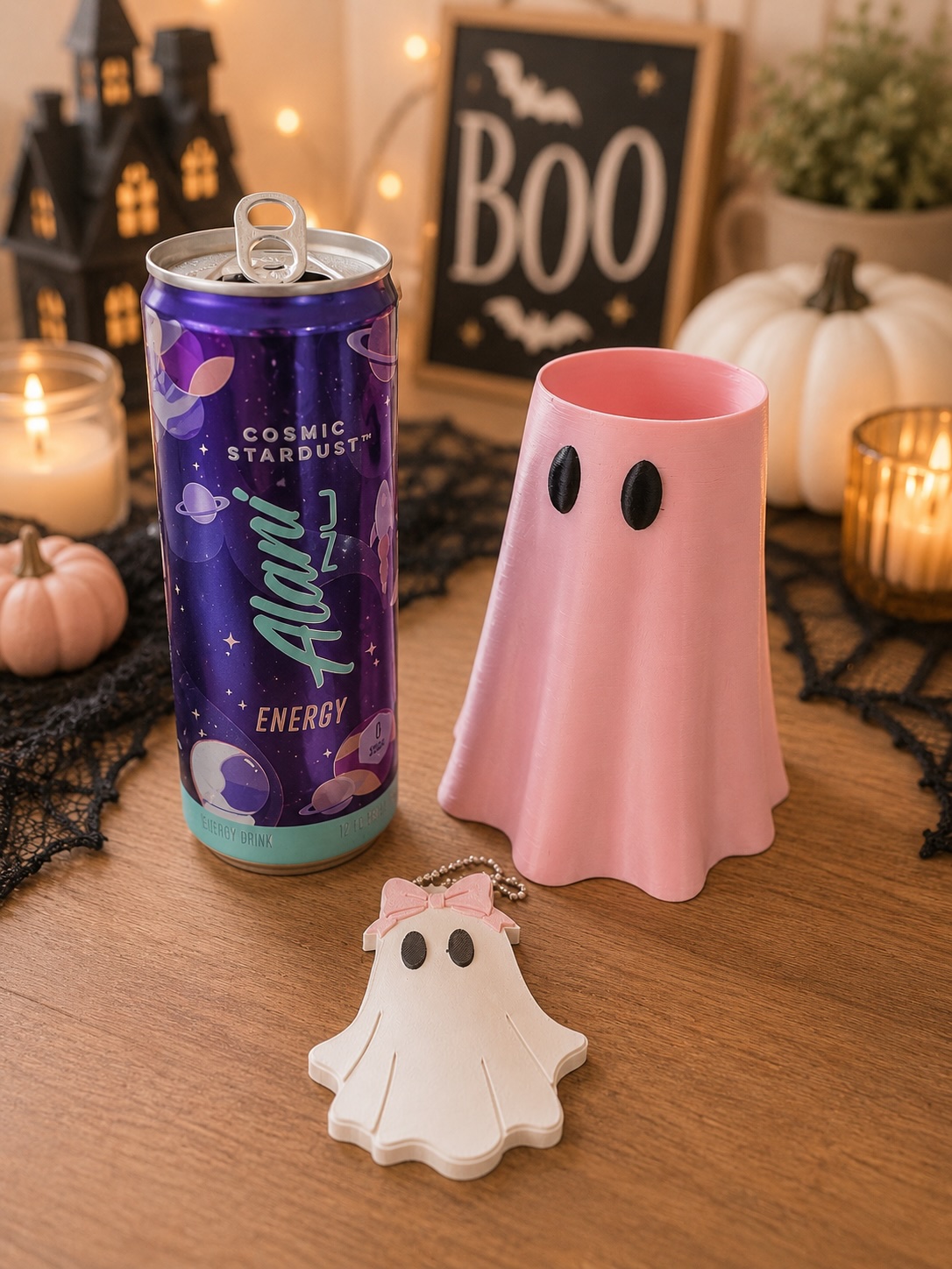Pink Ghost Skinny Can Cooler with Matching Ghost Nail Saver | 12 oz Slim Can Holder picture