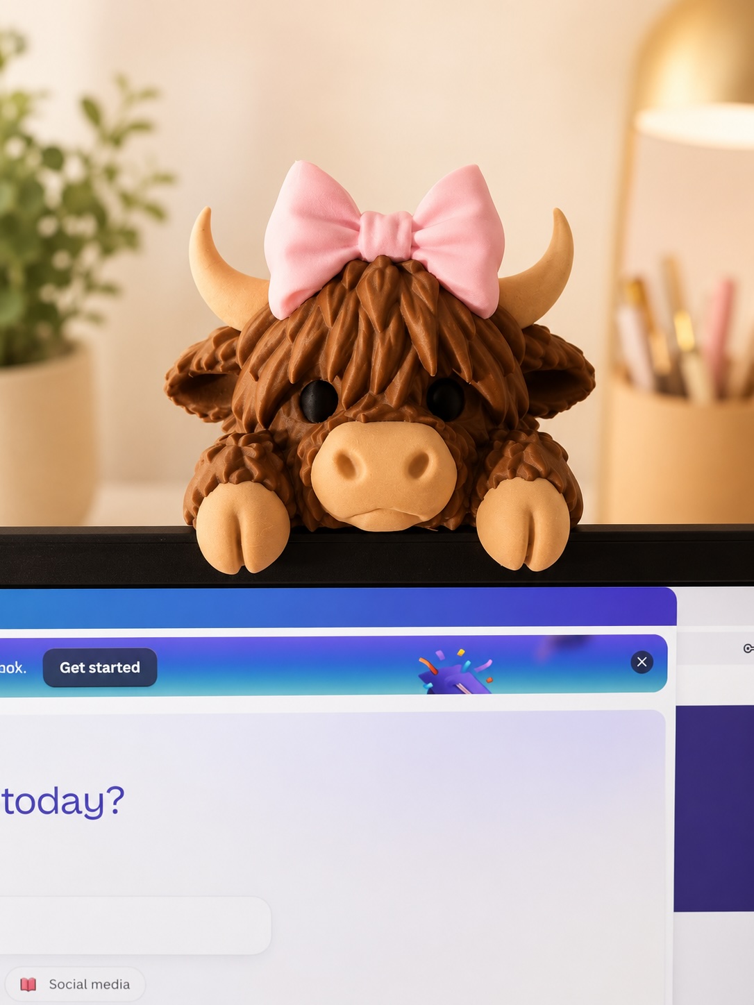 Highland Cow with Pink Bow Monitor Buddy | Cute 3D Printed Computer Screen Decor | Office & Teacher Desk Accessory picture