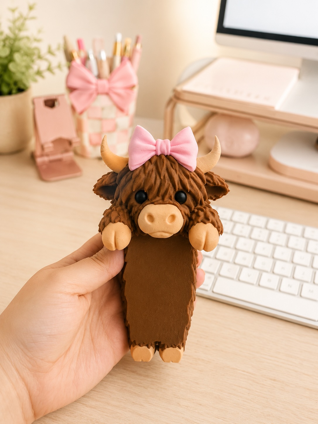 Highland Cow with Pink Bow Monitor Buddy | Cute 3D Printed Computer Screen Decor | Office & Teacher Desk Accessory picture