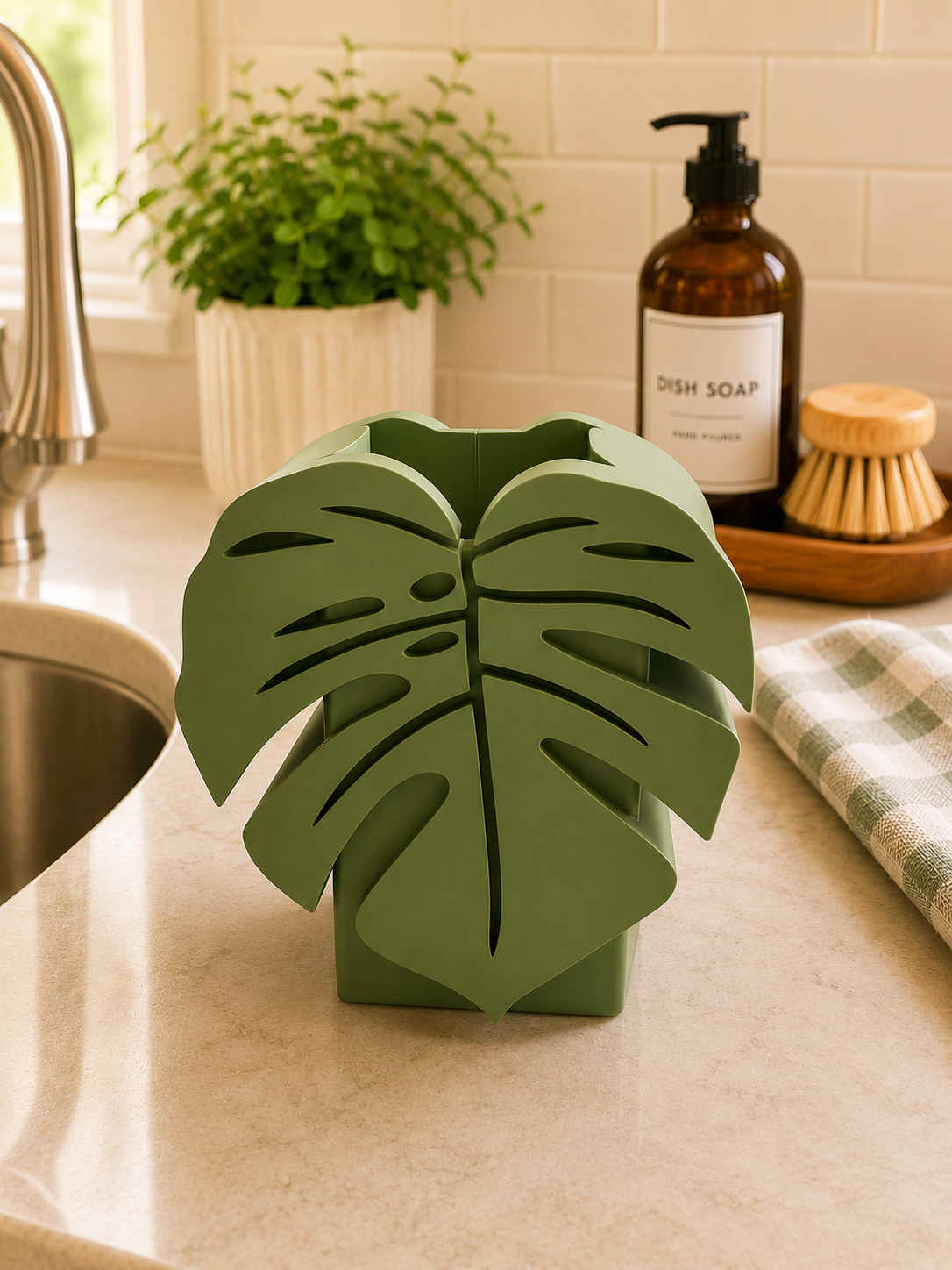 Monstera Leaf Design Soap Dispenser Holder for Kitchen Countertop Decorative Accessory picture