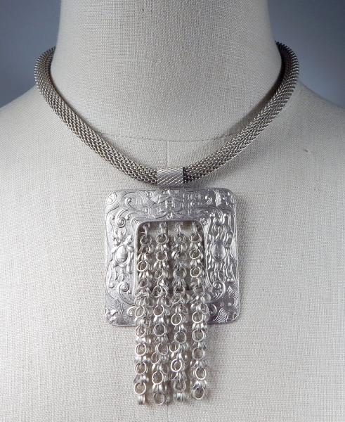 Square with Fringe Waterfall on Mesh Necklace