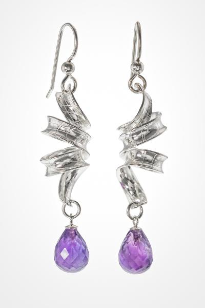 Sparkling Amethyst Drops Suspended from Sterling Ribbons, Titled "Wisteria", Sterling Silver Dangle Earrings picture