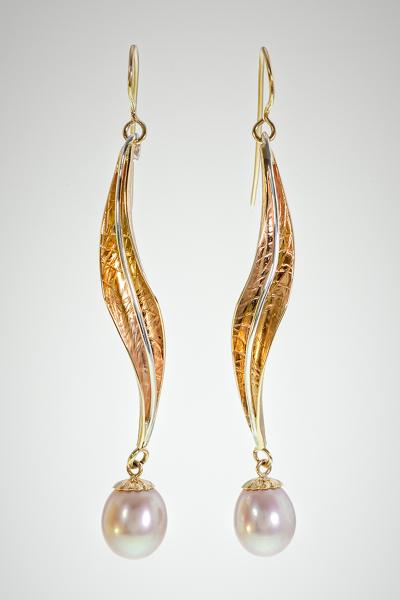 14K gold, Sterling, and Pink Pearl Earrings