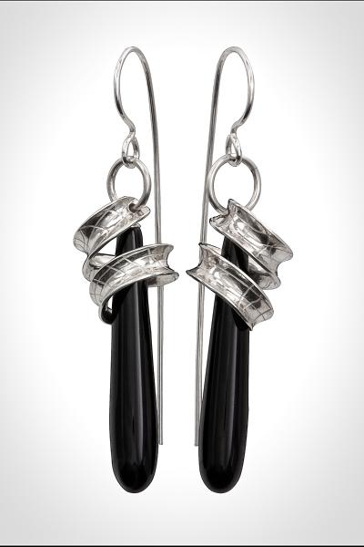 Girls day Out - Argentium Sterling Ribbons suspended over Long Black Onyx Drops, Long Dangle Silver Earrings picture