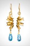 Solid 14k Gold Handmade French Wire Earrings with Sparkling Blue Topaz Briolettes Suspended from Textured Ribbons