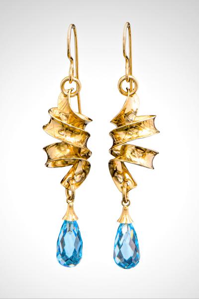 Solid 14k Gold Handmade French Wire Earrings with Sparkling Blue Topaz Briolettes Suspended from Textured Ribbons picture