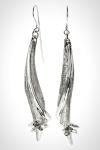 Long Silver French Wire Earrings, Textured Leaves with High Polished Tendril over the Top "Water Song"