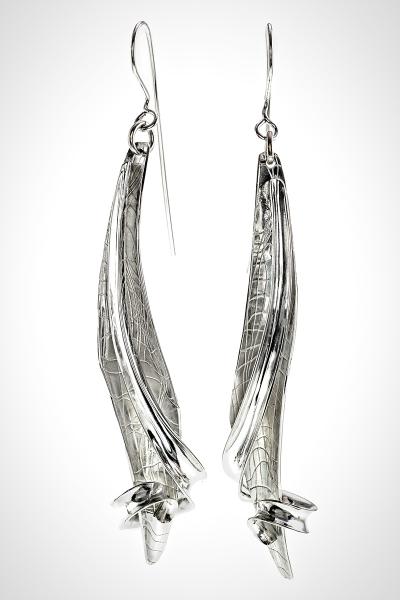 Long Silver French Wire Earrings, Textured Leaves with High Polished Tendril over the Top "Water Song" picture