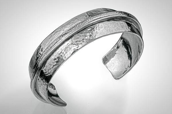 Mens Cuff or Womens Cuff, Simple Silver Hammered Cuff with Textured Band through the Center picture