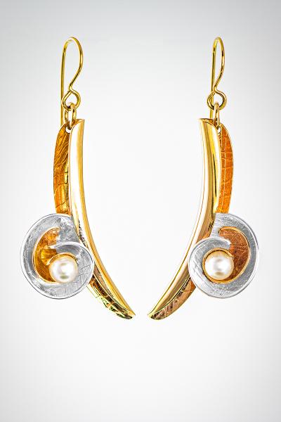 Sweeping Gold and Pearl French Wire Earrings- "Shells and Pearls"