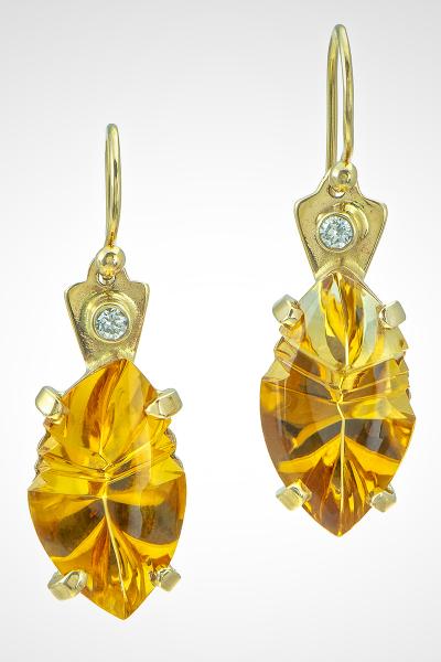 14k gold French Wire Earrings and Hand Carved Citrine Stones, "Citrine Fantasy" picture