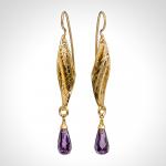 Long 14k Yellow Gold Textured Amethyst Briolette Drop Earrings