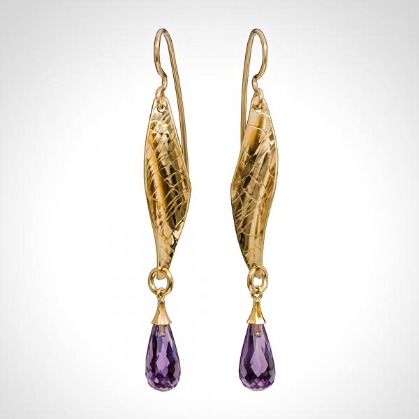 Long 14k Yellow Gold Textured Amethyst Briolette Drop Earrings