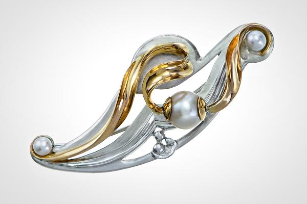 14k Gold and Silver "Art Nouveau Pearl Pin"