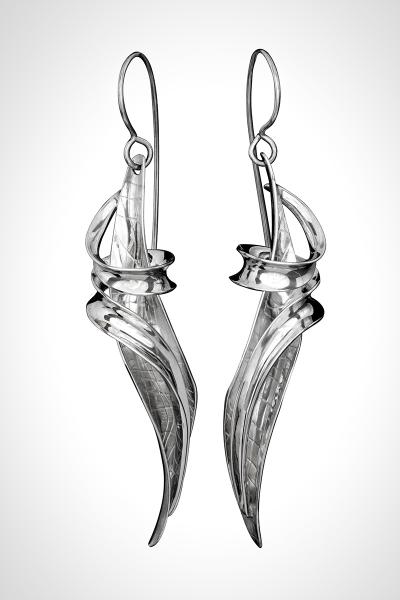 Large Dramatic Anticlastic Drop Earrings, Delicate Silver Tendrils Wrap around Textured leaf picture