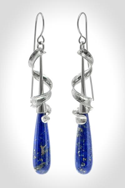 Lapis Lovers!  Long Lapis Drop Sterling Silver French Wire Earrings Draped in Textured Silver Ribbons picture