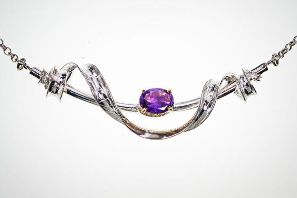 Silver Ribboned Bar Necklace with 9x7mm Amethyst picture