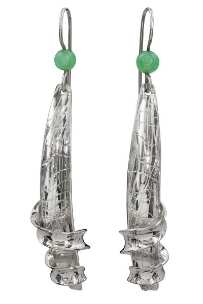 Long Siver Tendril Wrapped "Daisy Petals", Earrings with French Wires. Textured Sterling Petals with  Chrysoprase Beads