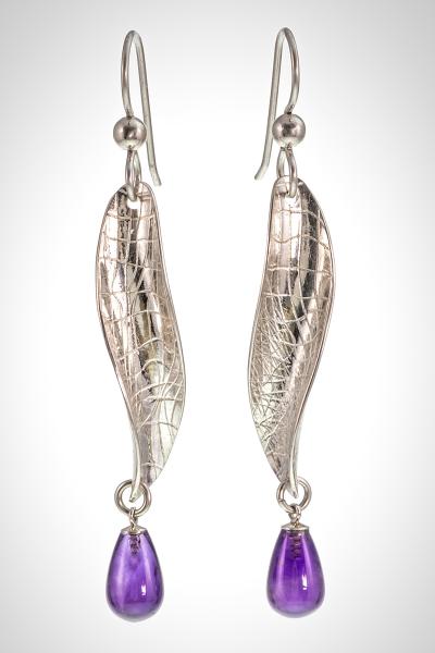 "Petal Drops" Med Silver Earrings with Amethyst Drops