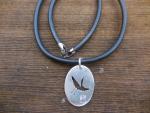 Flying Crane in sterling silver oval with rubber necklace LY N 3334