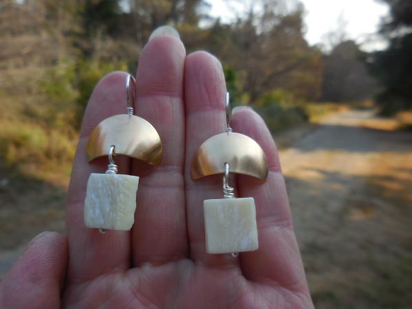 Brass half domes with sterling silver ear wires and hand carved bone beads LY E 7741 picture