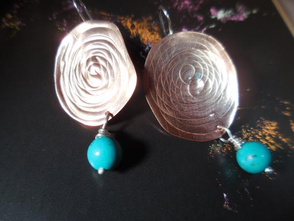 Copper with spiral pattern, sterling silver ear wires and turquoise drops LY E 7658 picture