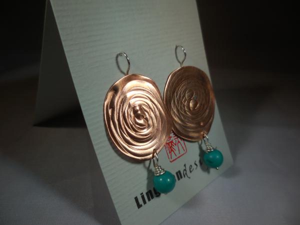 Copper with spiral pattern, sterling silver ear wires and turquoise drops LY E 7658 picture