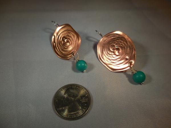 Copper with spiral pattern, sterling silver ear wires and turquoise drops LY E 7658 picture