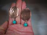 Copper with spiral pattern, sterling silver ear wires and turquoise drops LY E 7658