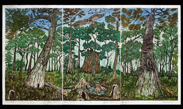 lino/woodcut block prints mounted on panel with encaustic picture