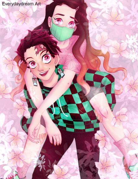 Medium Demon Slayer Tanjiro and Nezuko Piggy-Back Sakura Print