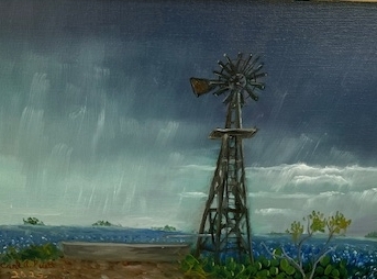 Windmill and blue meadows