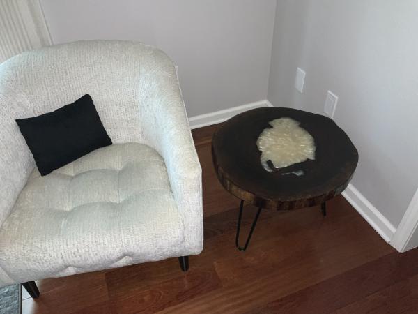 Hollow walnut tree side table with white pearl epoxy picture