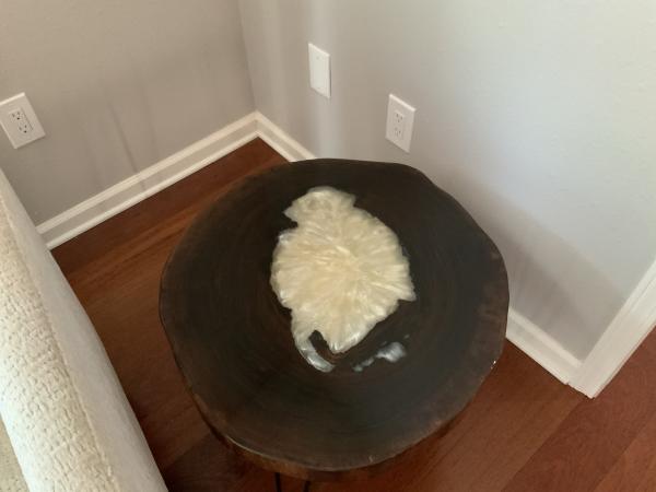 Hollow walnut tree side table with white pearl epoxy picture