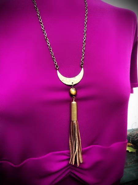 Long Boho Necklace with Tassel - Hammered Brass picture