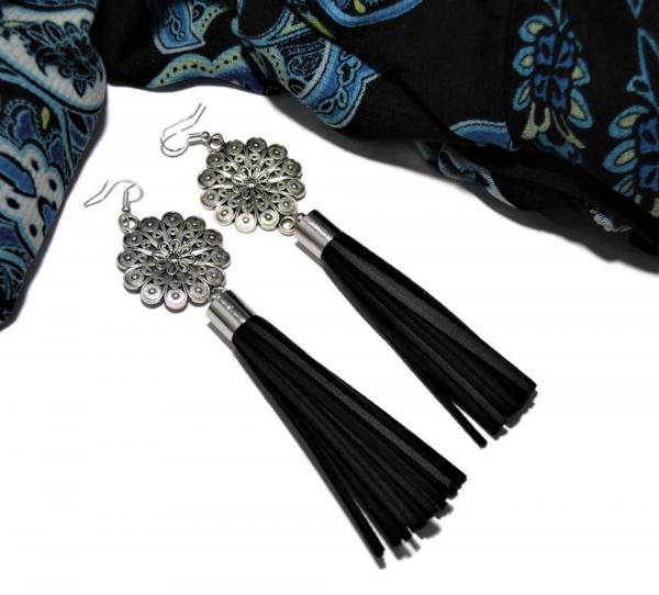 Silver Mandalas with Black Faux Leather Tassels picture