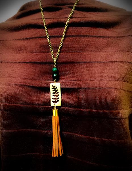 Long Boho Tassel Necklace - Fern and Green Gemstones picture