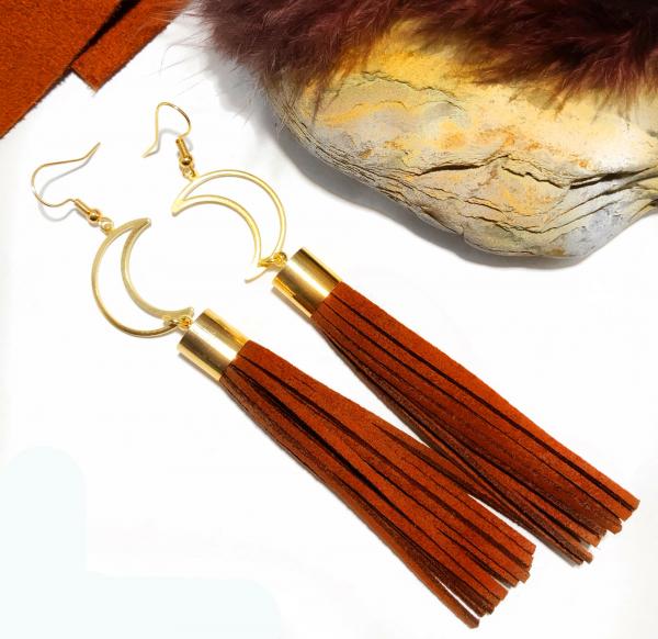 Gold Crescent Moons with Brown Faux Leather Tassels picture