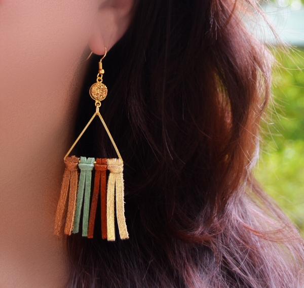 Triangle Tassel Earrings - green variety with gold druzy picture